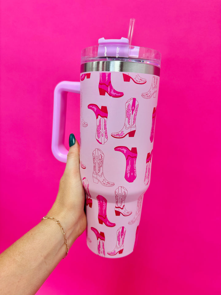 Light Pink Western Boots Tumbler Cup w/ Handle