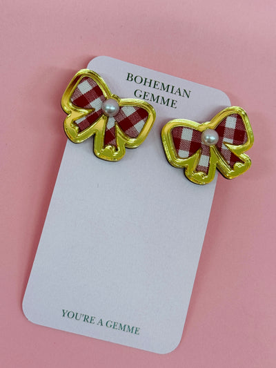 Red Gingham Bow Stud Earrings