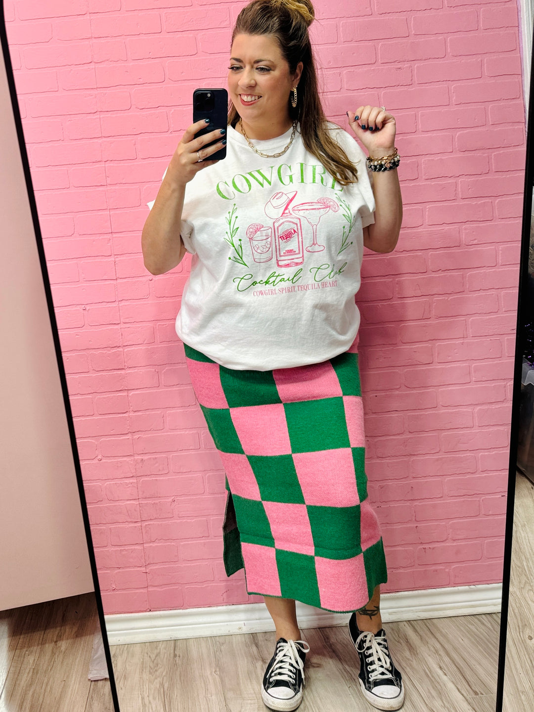 Checkered Pencil Midi Skirt