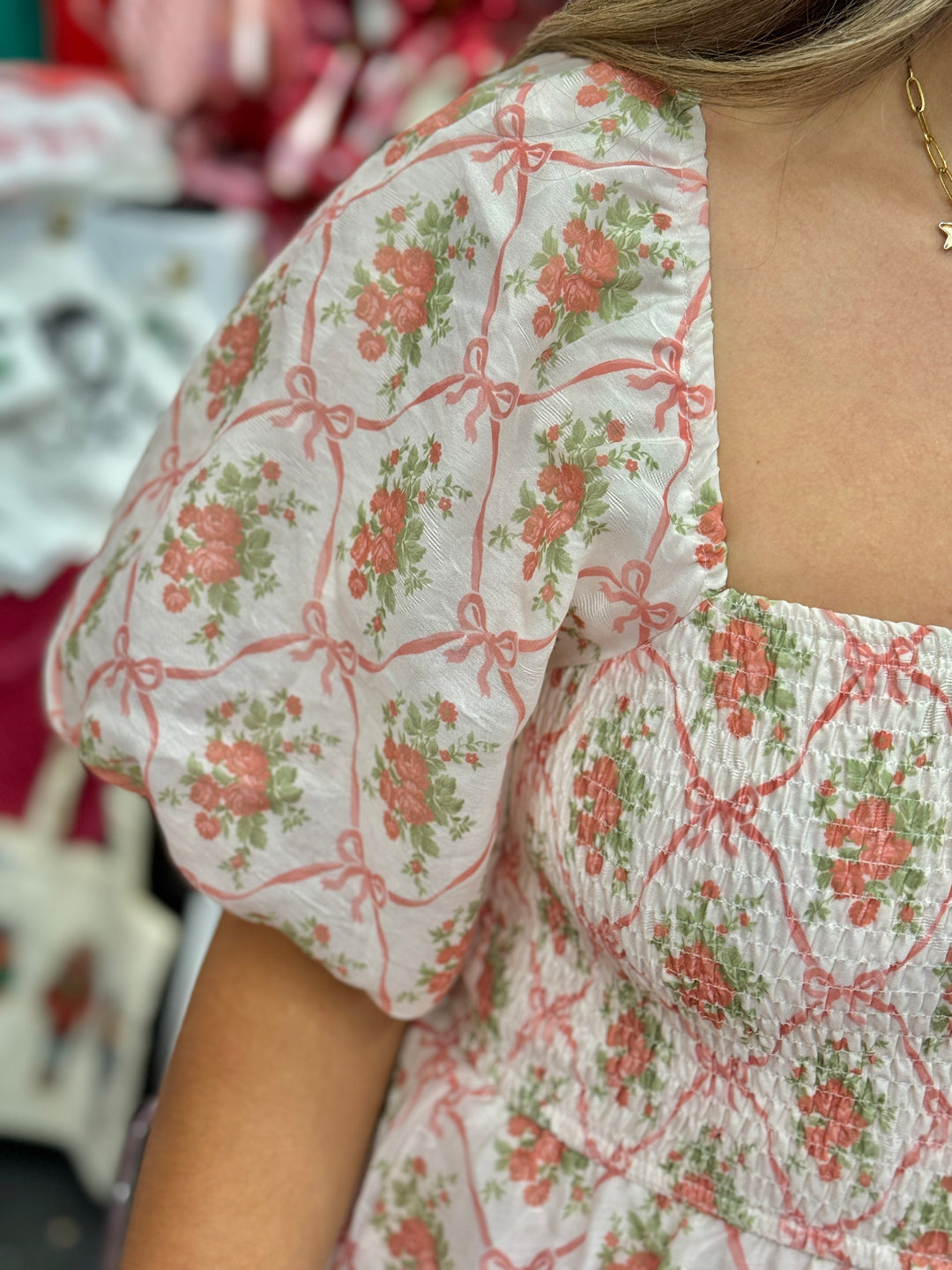 Bow & Rose Puff Sleeve Tiered Midi Dress