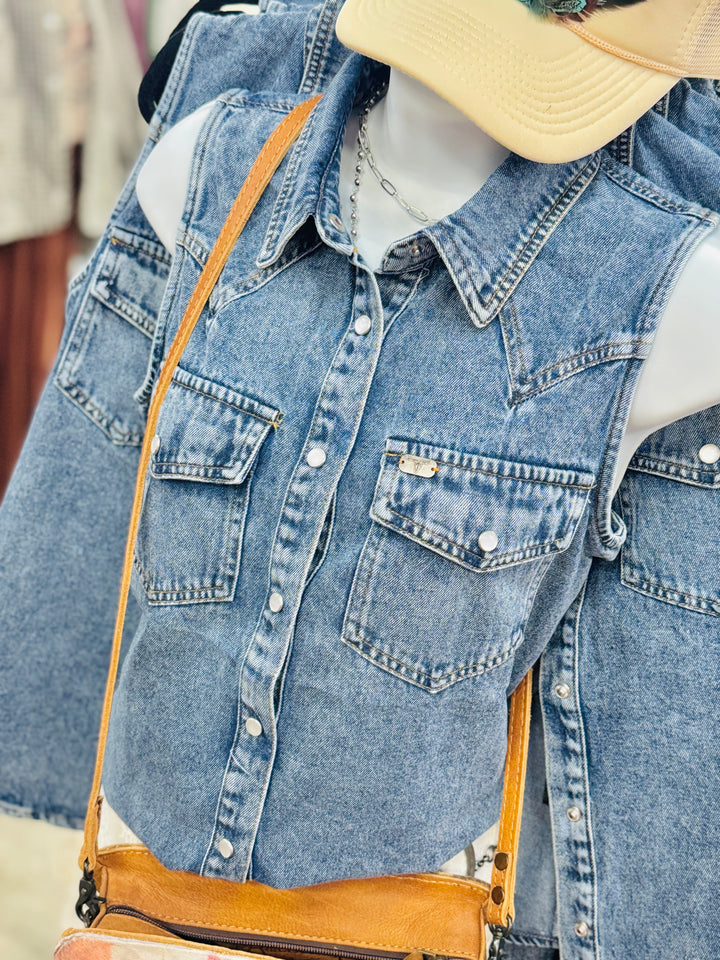 The Sadie Denim Button Down Sleeveless Shirt