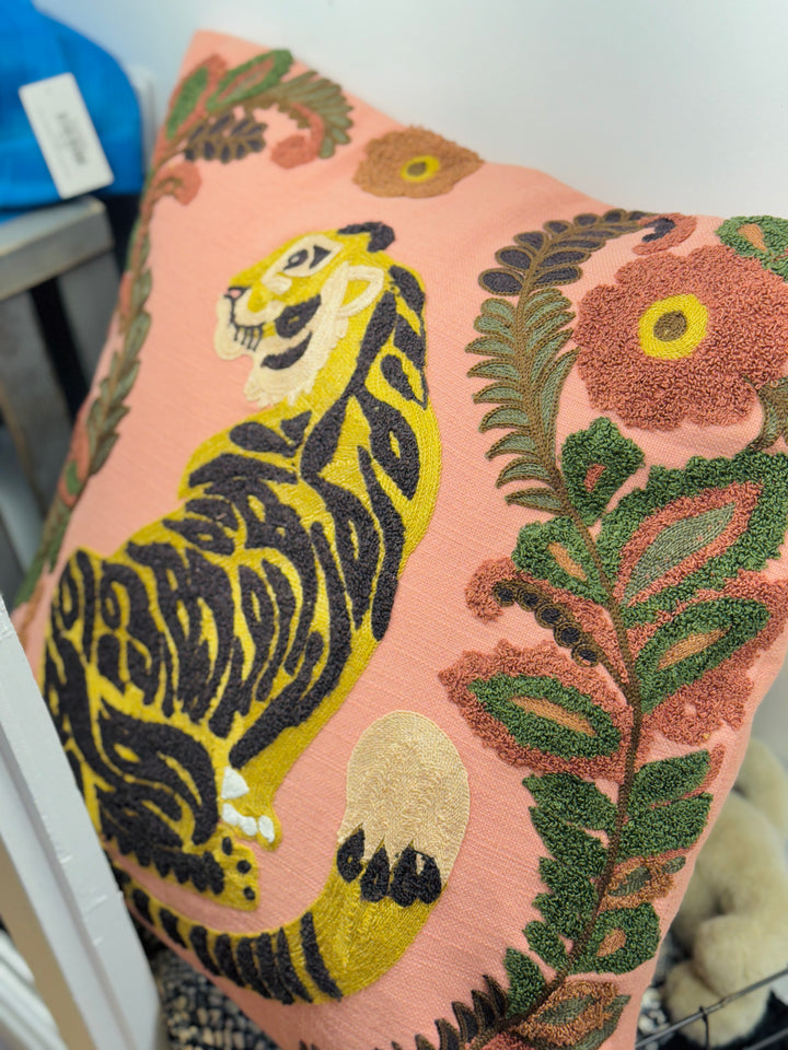 Embroidered Tiger & Floral Pillow