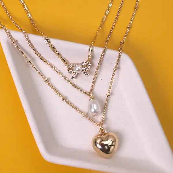 Multi Layer Bow Pearl Heart Necklace