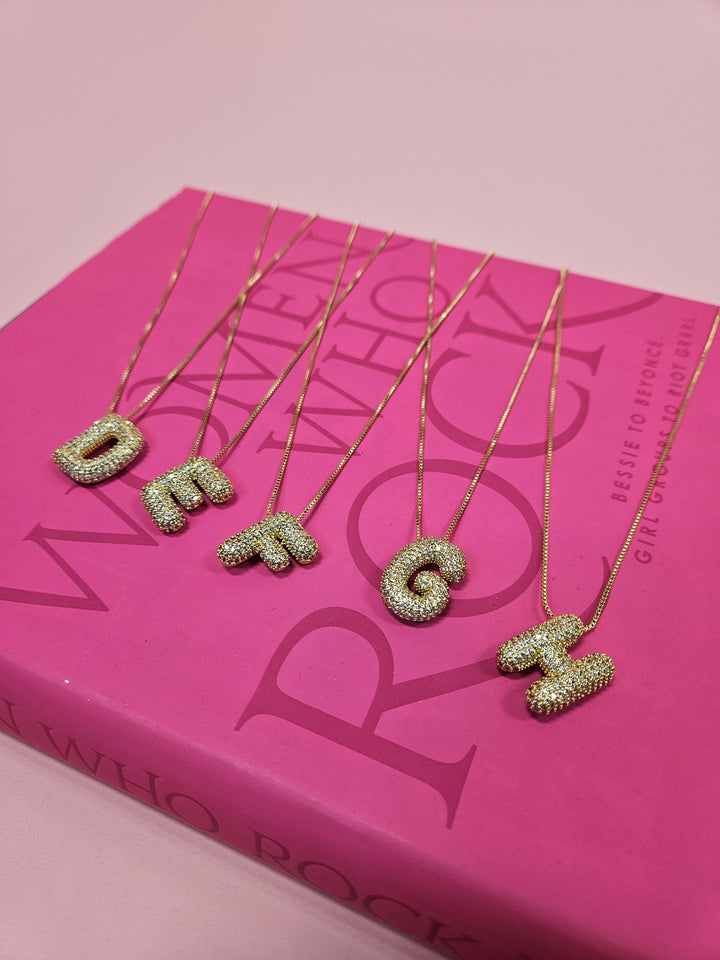 Gold Initial Pave Rhinestone Bubble Letter Balloon Necklace