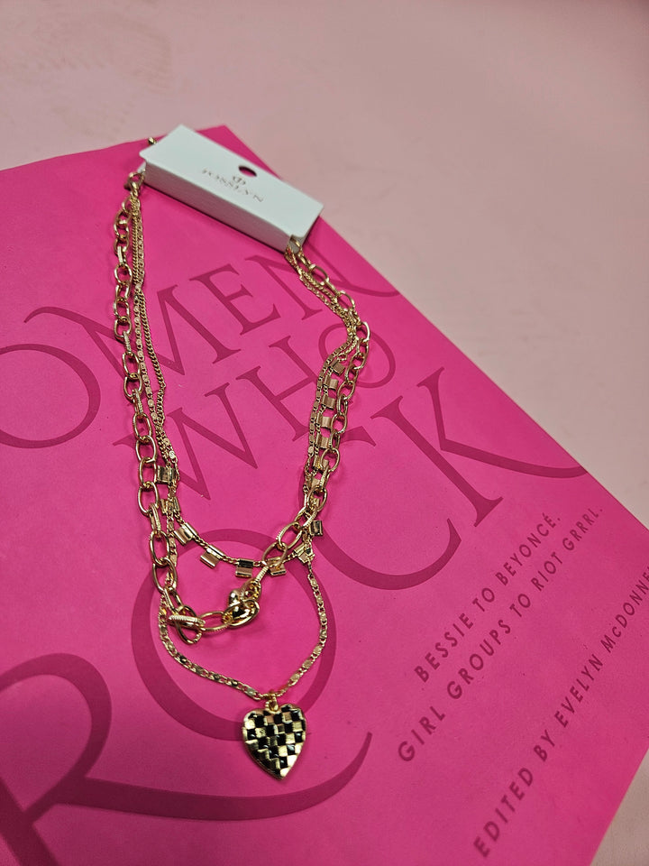 Triple Layer Heart Checkered Necklace