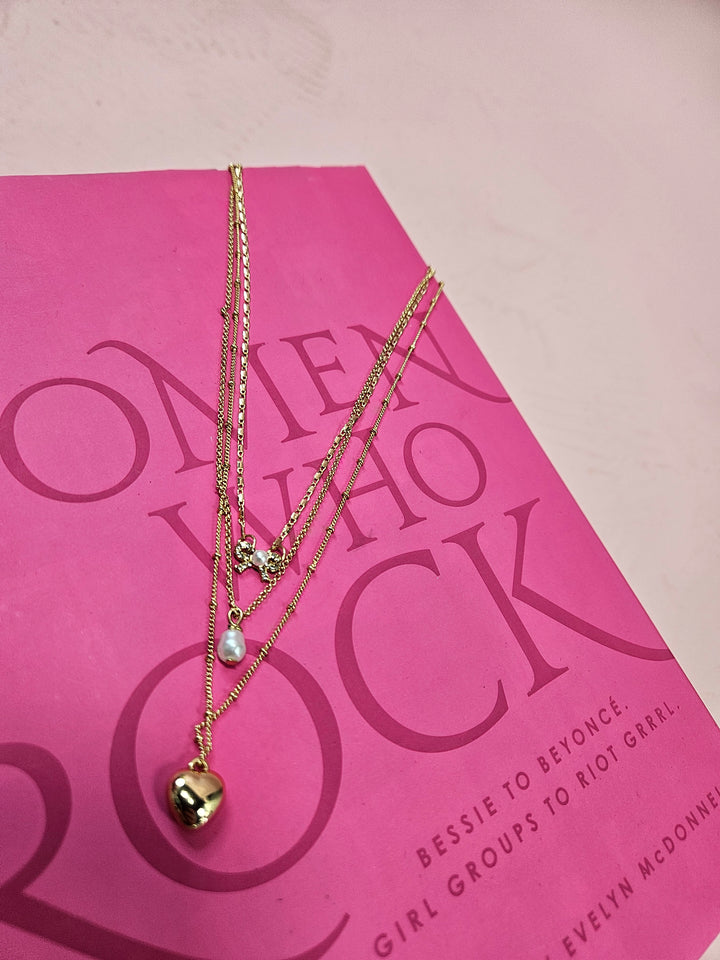 Multi Layer Bow Pearl Heart Necklace
