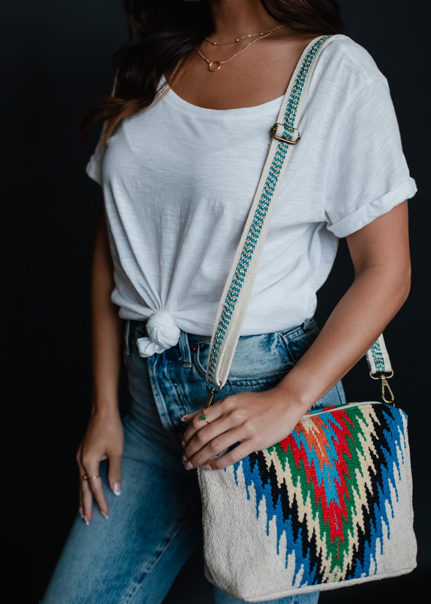 Beige & Multicolored Aztec Crossbody