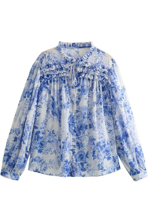 Floral Print Long Sleeve Ruffle Top