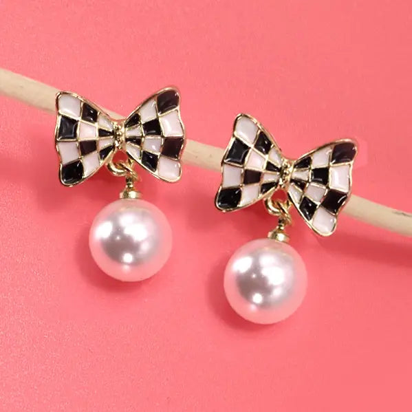 Checker Bow Pearl Drop Earrings