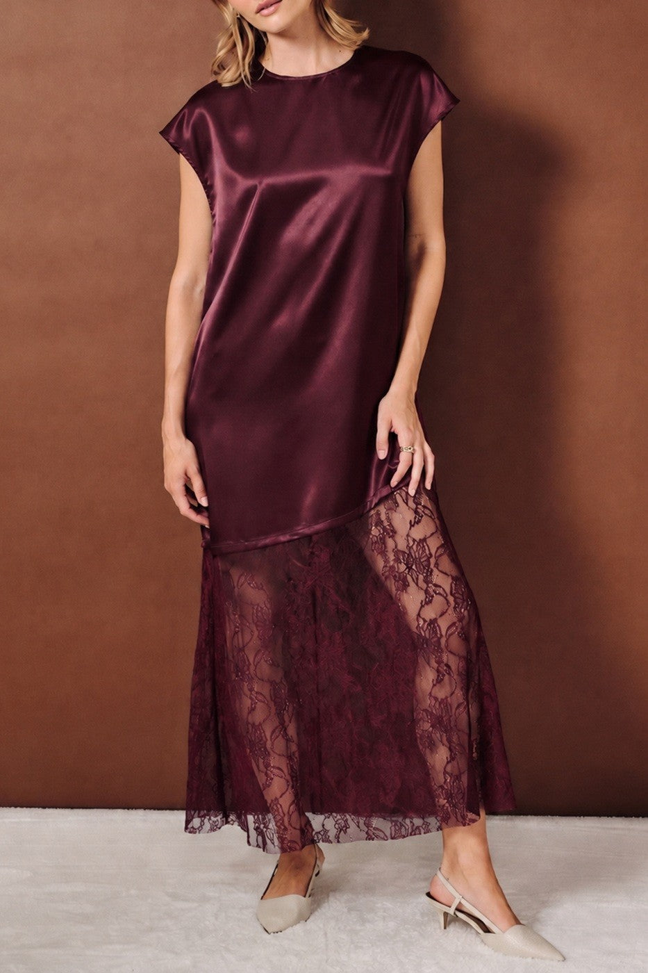 Merlot Dreams Satin & Lace Maxi Dress