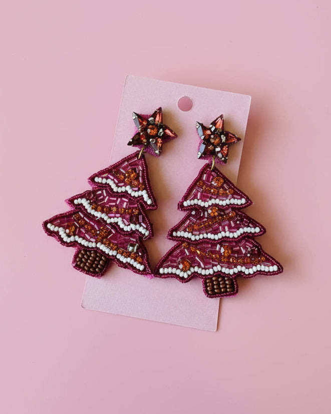 Pink Beaded Tree Earrings