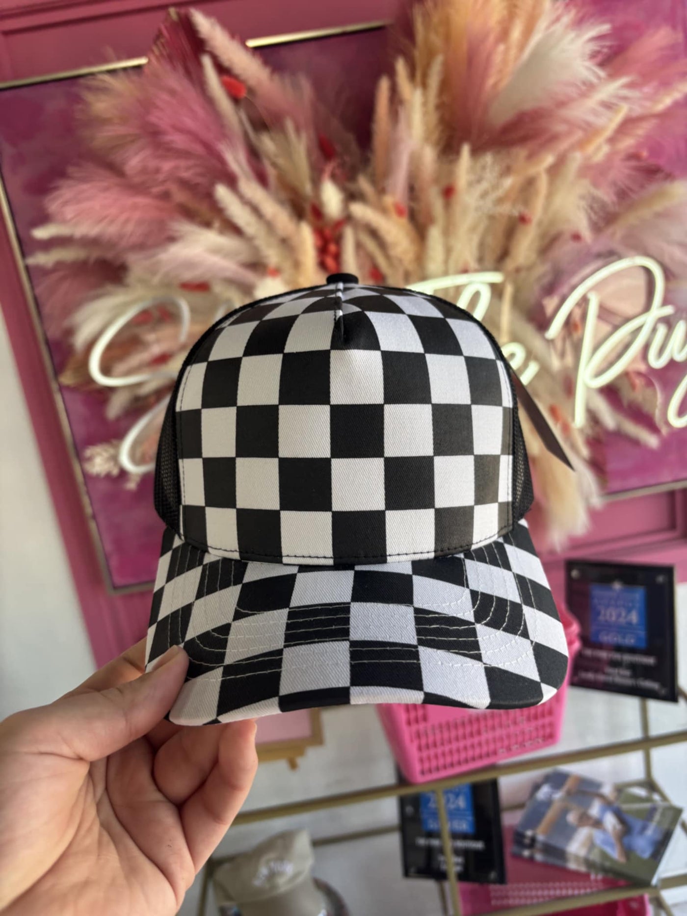 Black & White Checkered Trucker Hat