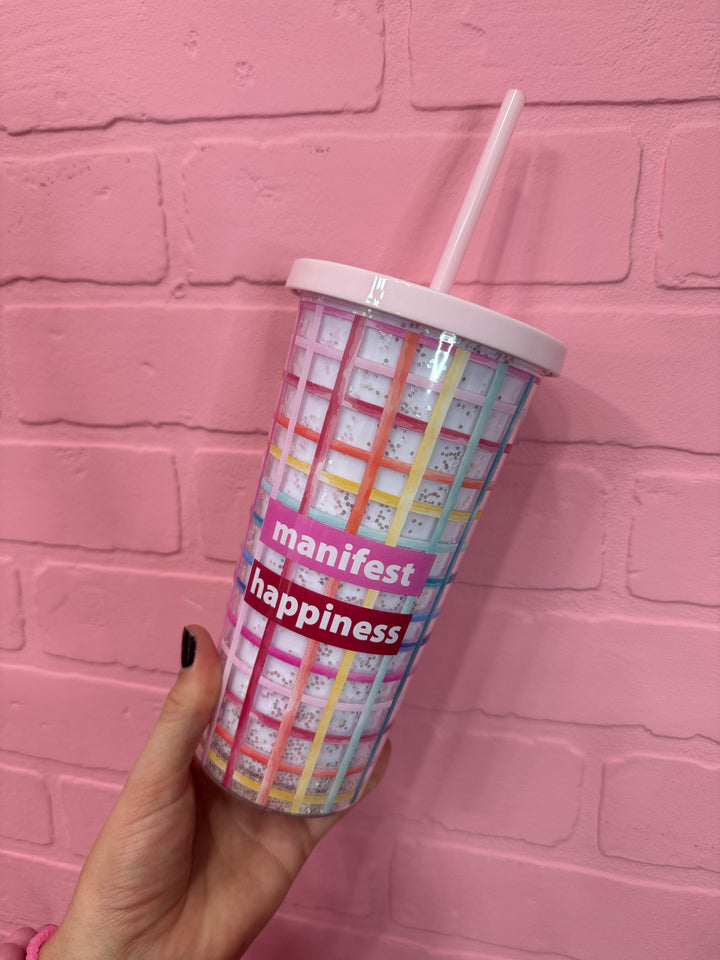Manifest Happiness Glitter Tumbler