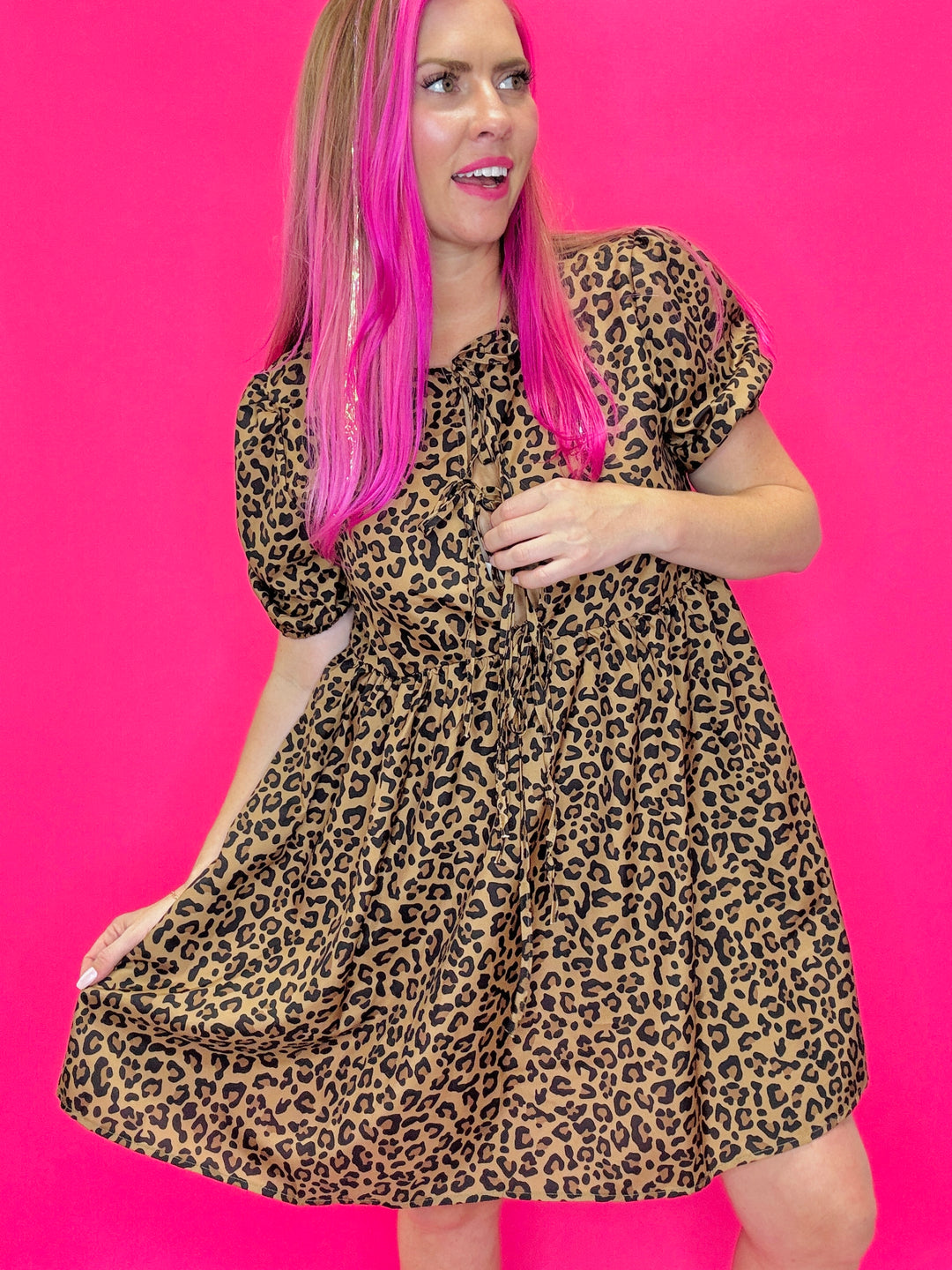 Leopard Puff Sleeve Front Bow Dress