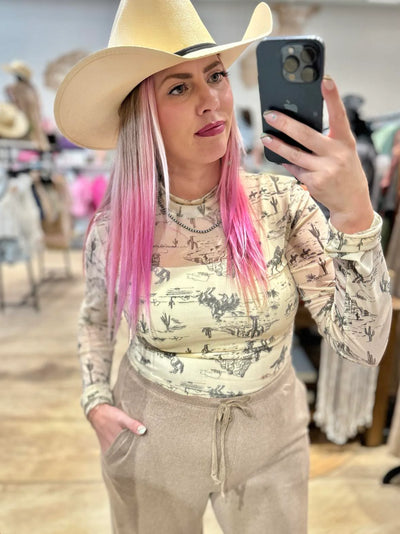 Western Print Mesh Long Sleeve Top
