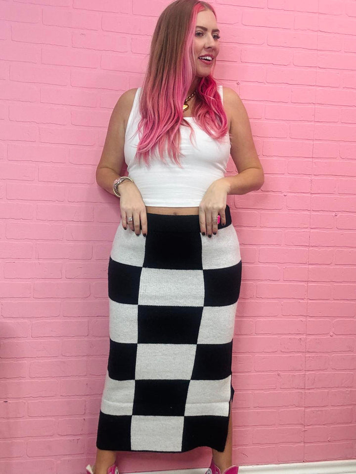 Checkered Pencil Midi Skirt