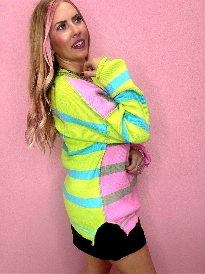 Color Block Oversized Striped Knit Sweater Top