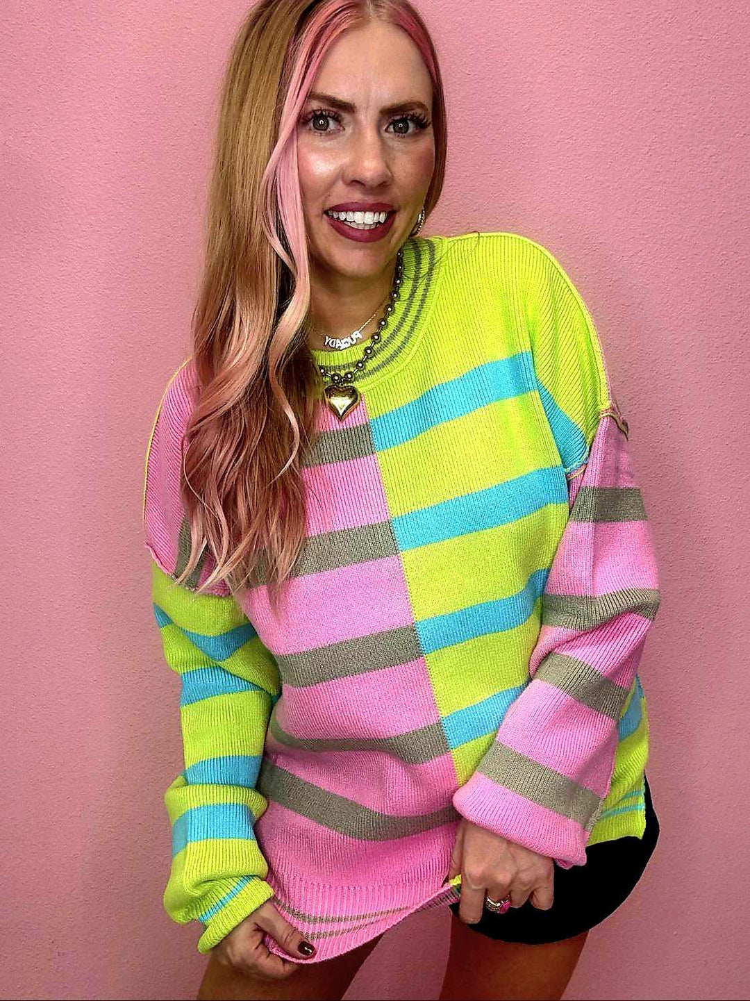 Color Block Oversized Striped Knit Sweater Top