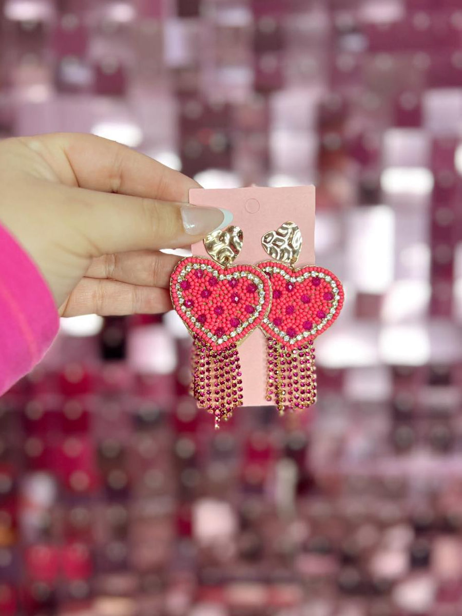 Seed Beaded Heart W Rhinestone Tassel Earrings