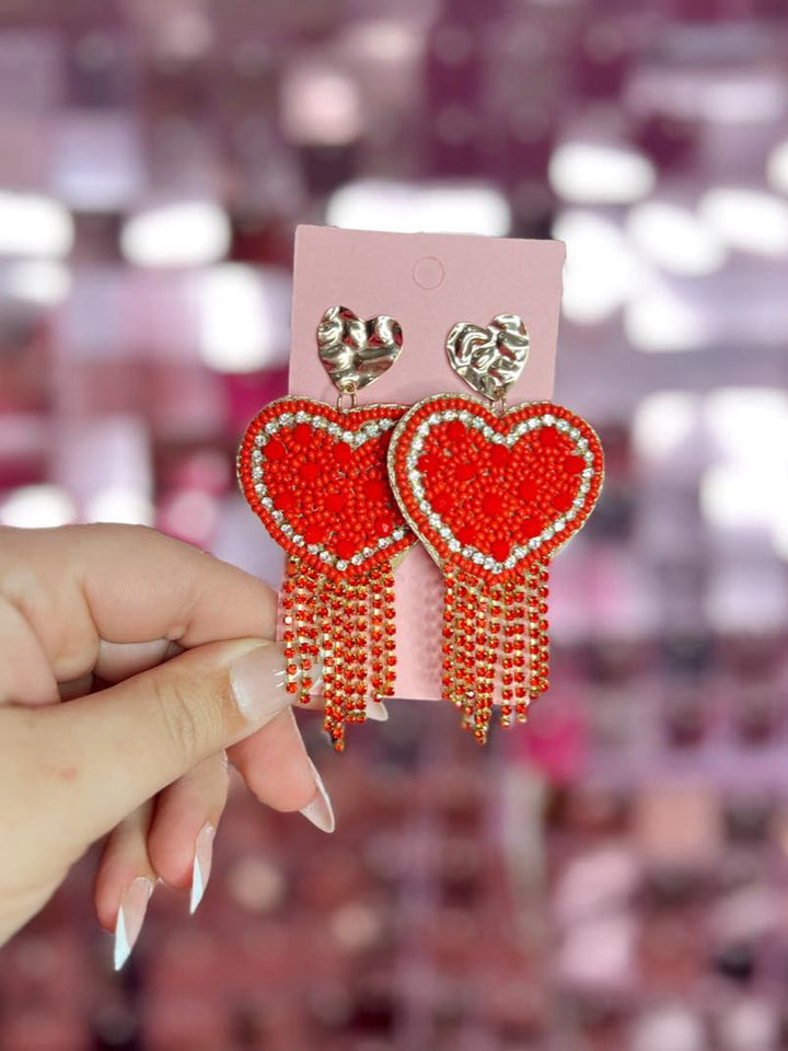 Seed Beaded Heart W Rhinestone Tassel Earrings