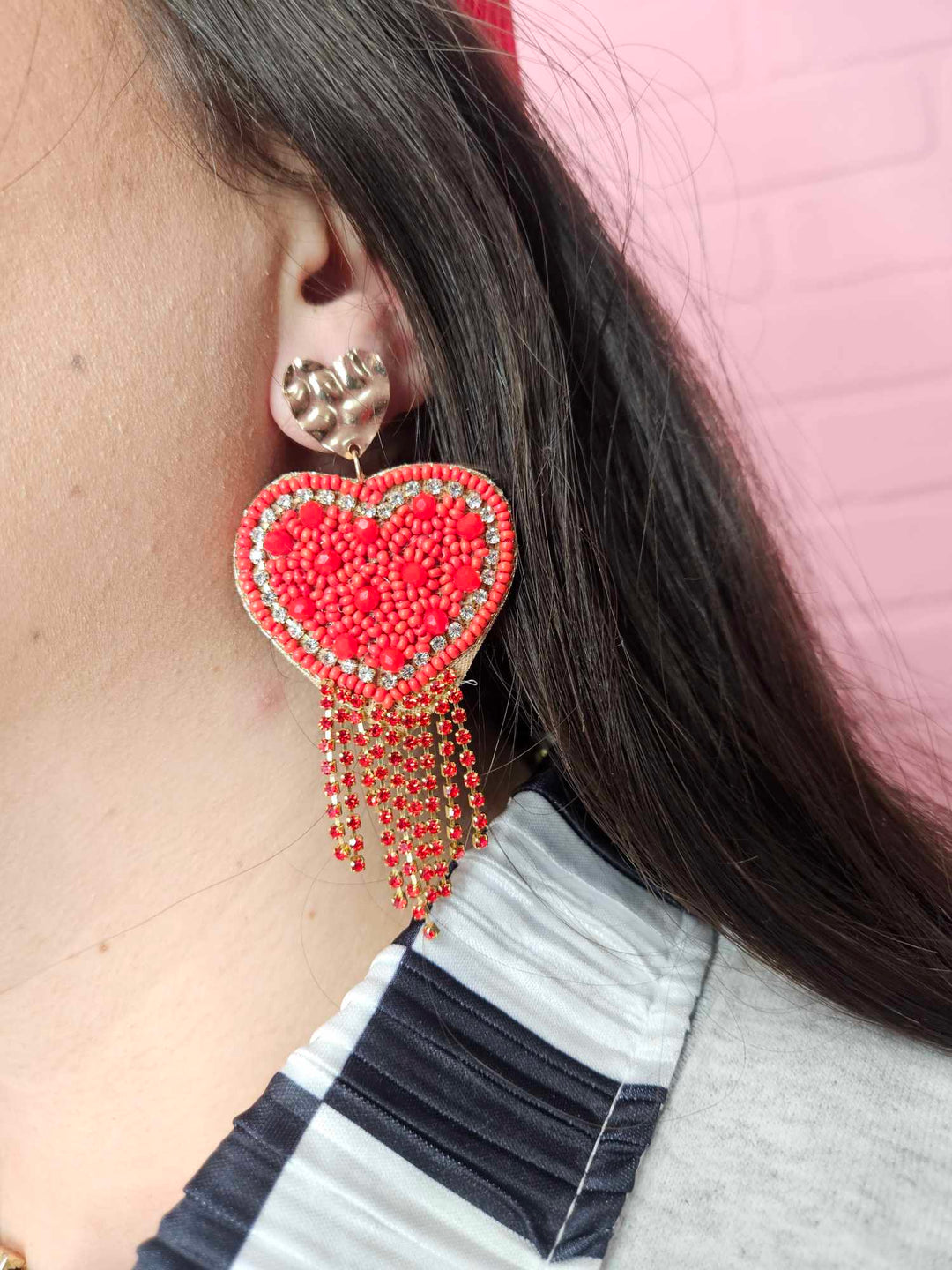Seed Beaded Heart W Rhinestone Tassel Earrings