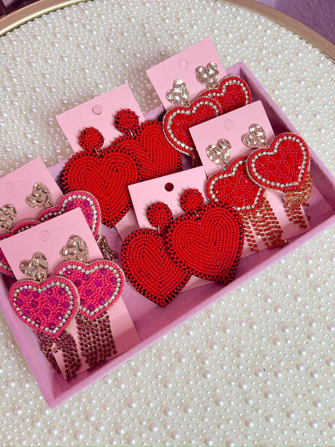 Seed Beaded Heart W Rhinestone Tassel Earrings