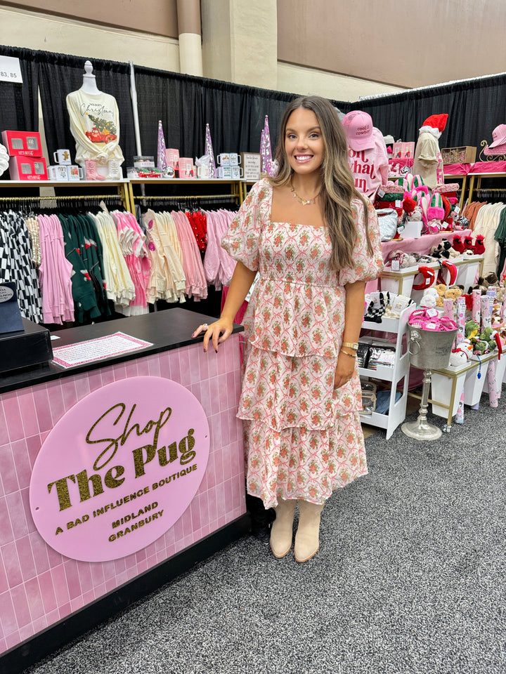 Bow & Rose Puff Sleeve Tiered Midi Dress