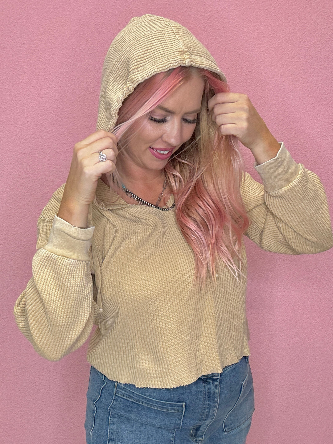 Cropped Waffle Knit Hoodie