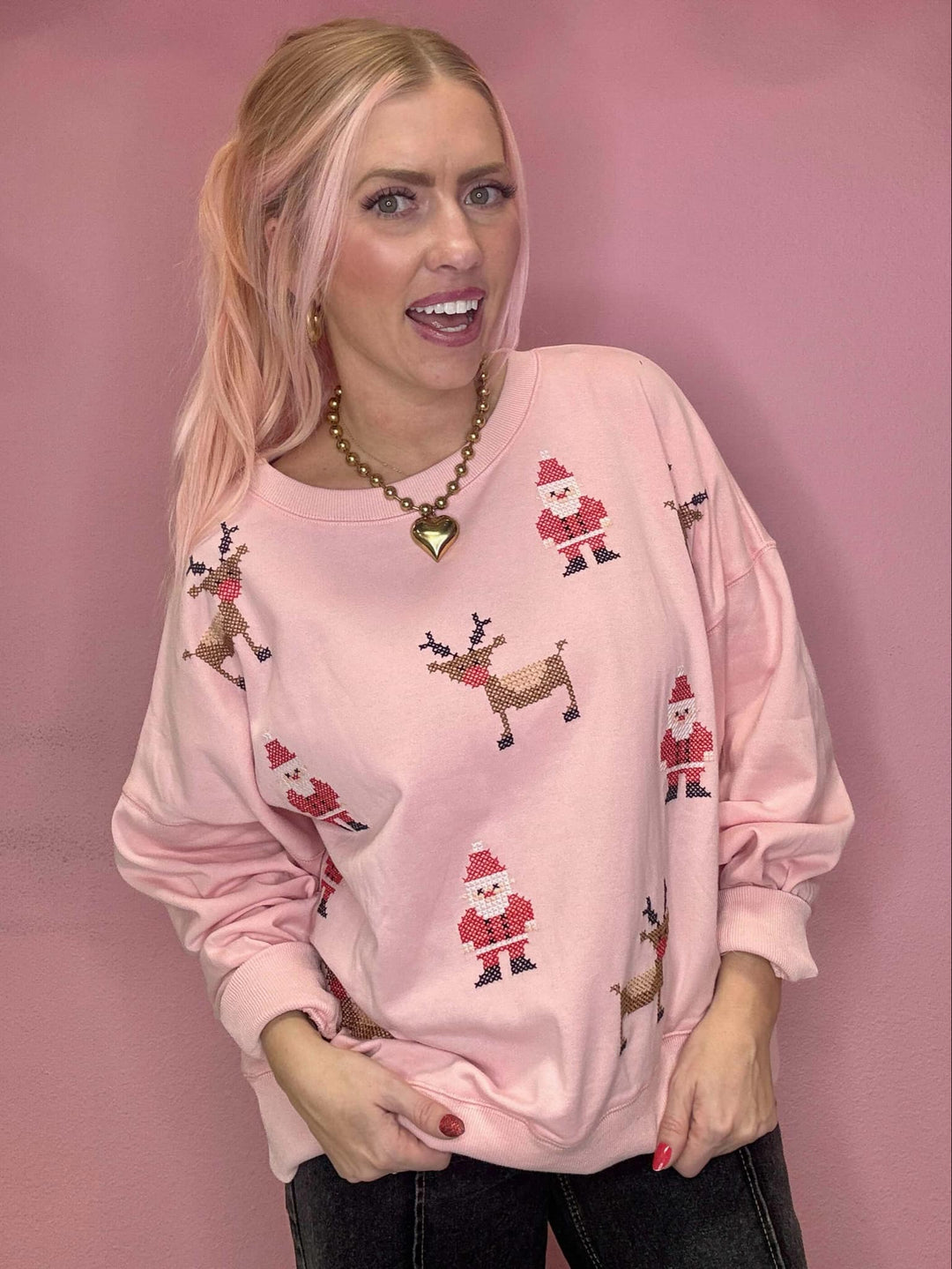 Santa & Rudolph Cross Stitch Embroidery Sweatshirt