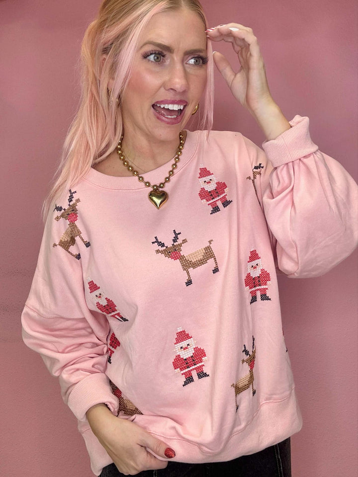 Santa & Rudolph Cross Stitch Embroidery Sweatshirt