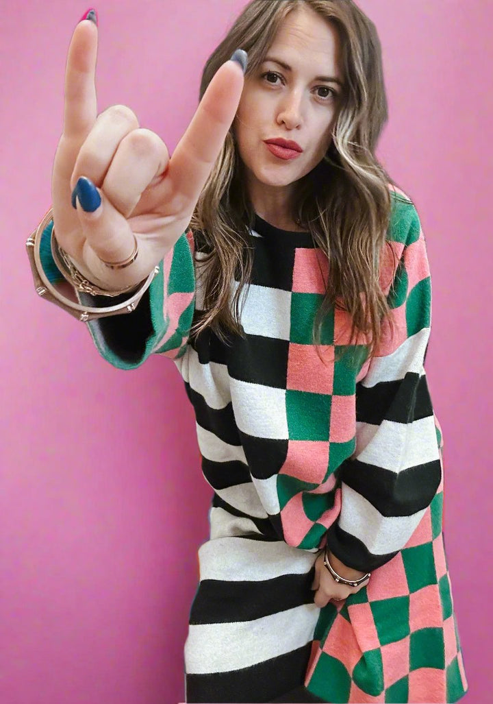 The Checkered and Stripe Oversized Sweater Dress