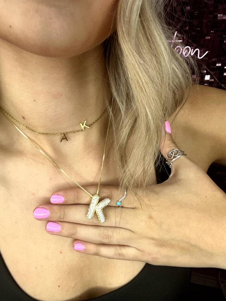Gold Initial Pave Rhinestone Bubble Letter Balloon Necklace