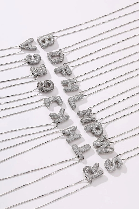 Silver Initial Pave Rhinestone Bubble Letter Balloon Necklace