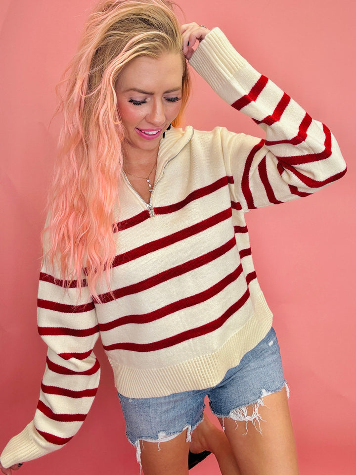 Striped & Sophisticated Half-Zip Sweater