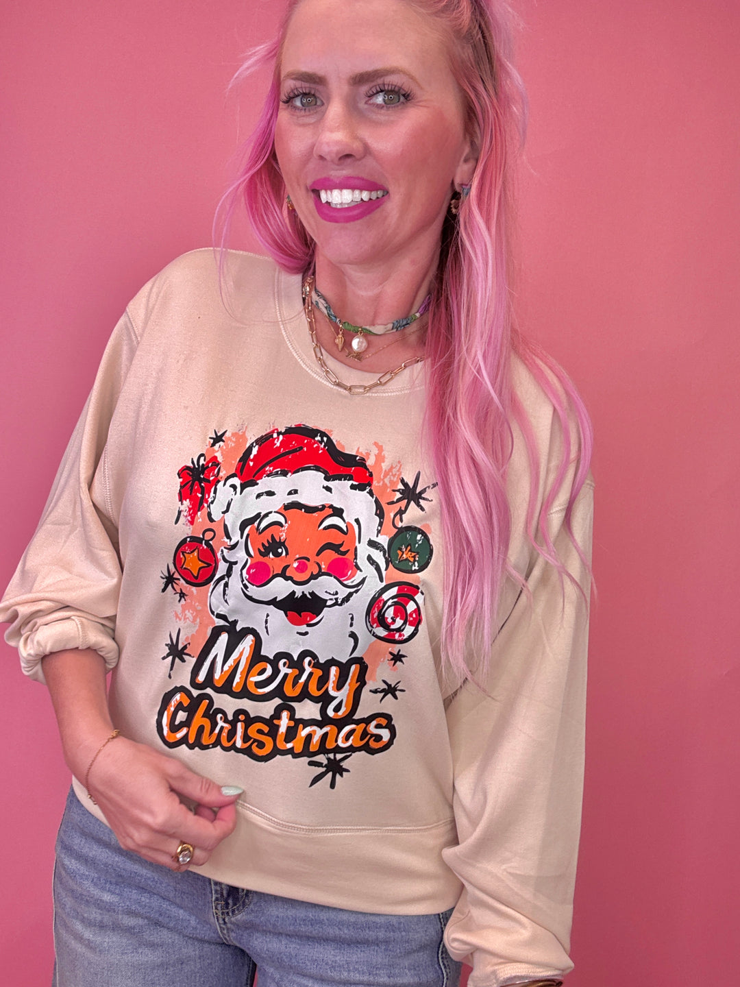 Winking Merry Christmas Santa Long Sleeve Top