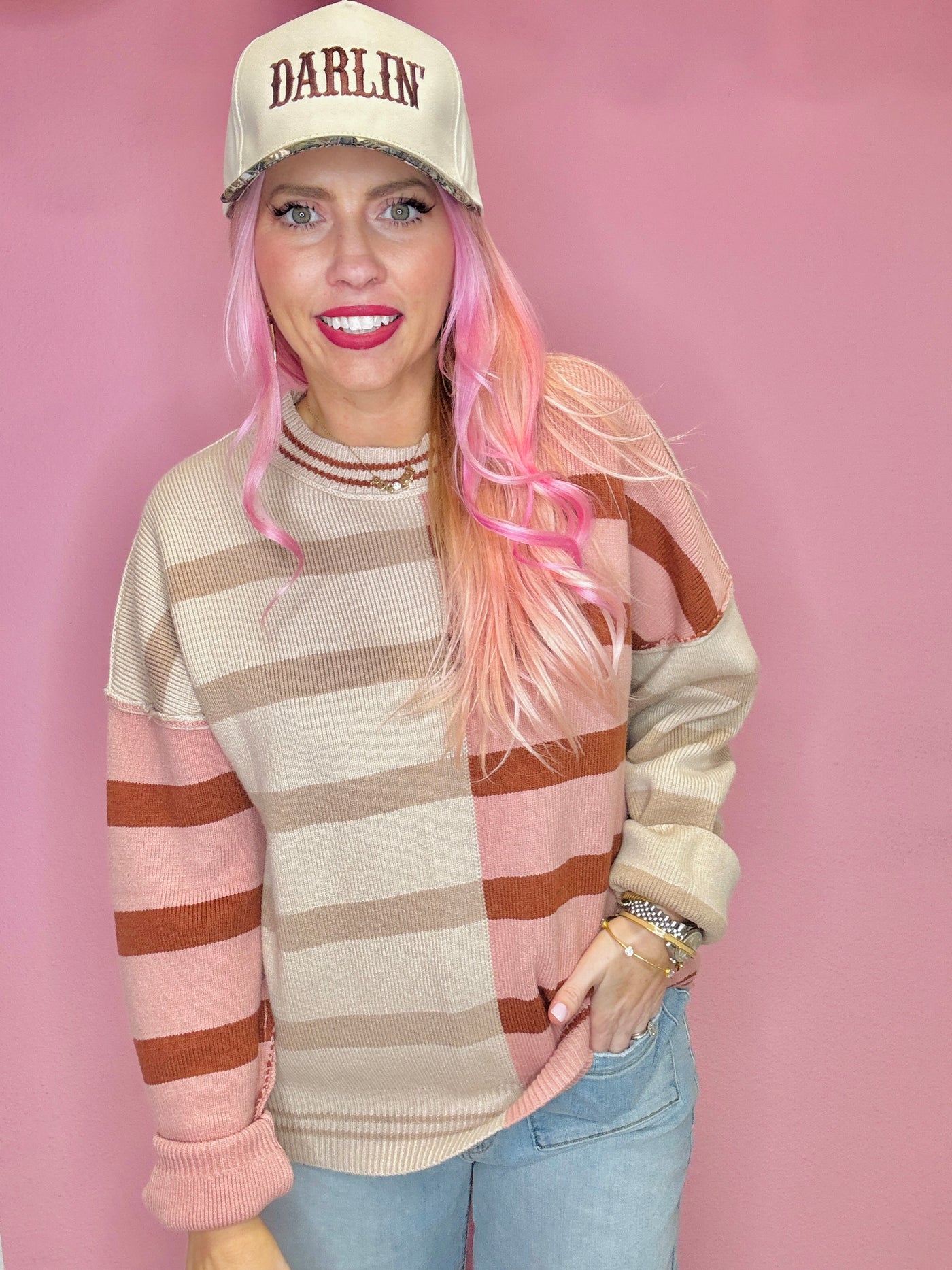 Color Block Oversized Striped Knit Sweater Top