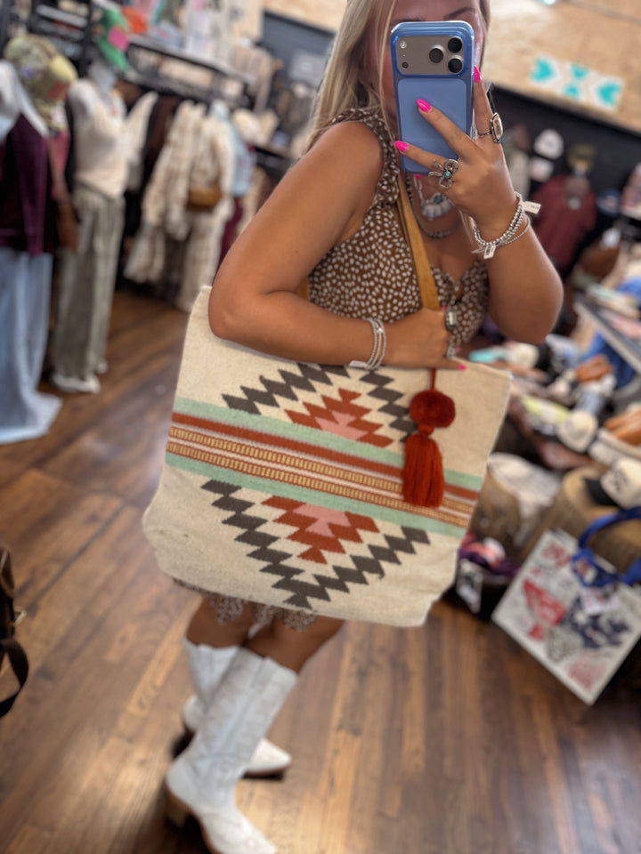 Beige, Brown & Red Aztec Tote