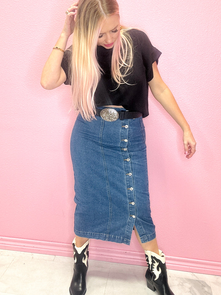 Always Chic Denim Midi Skirt
