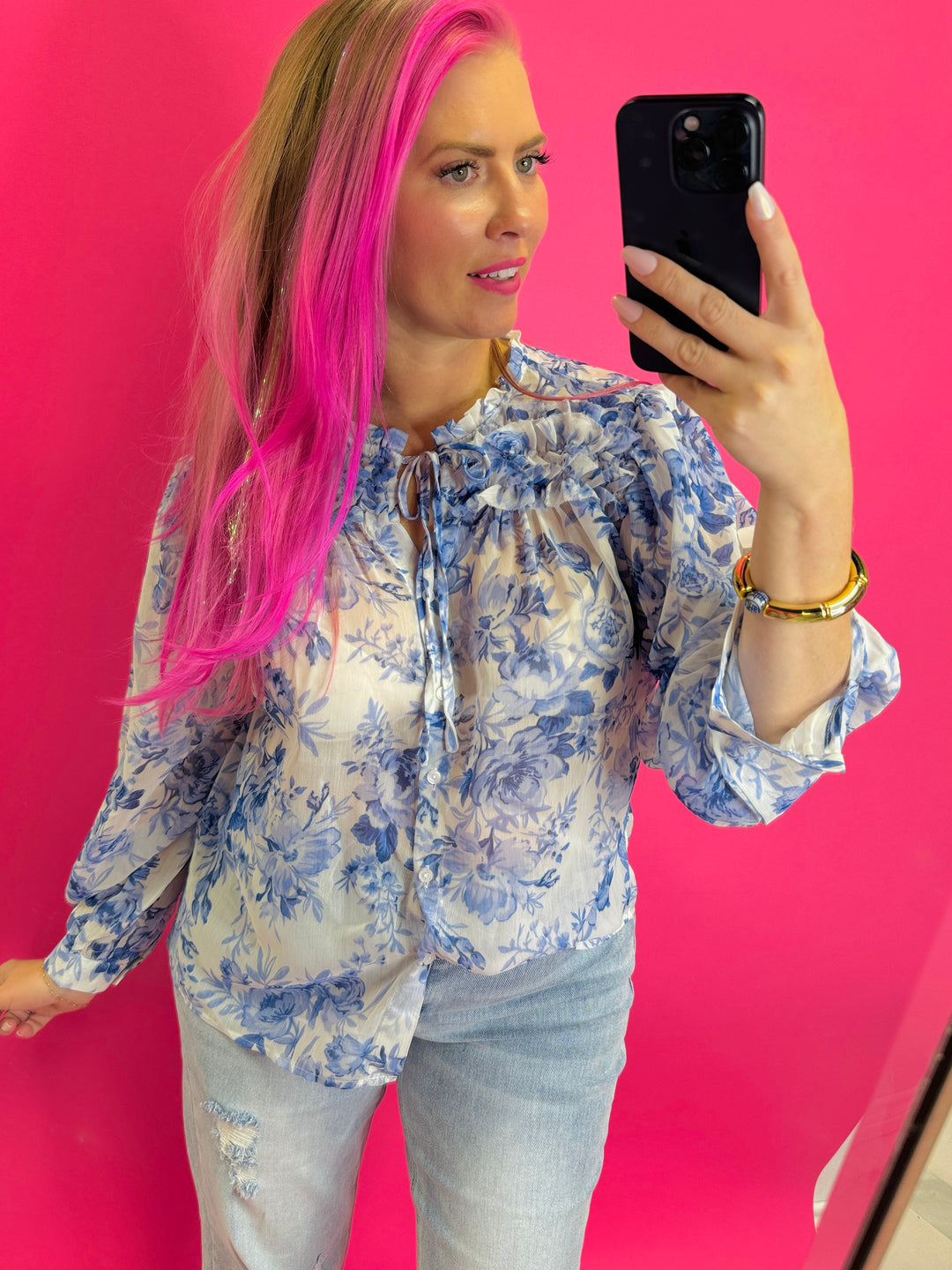 Floral Print Long Sleeve Ruffle Top