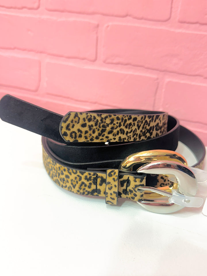 Black & Leopard Print Leather Belt Set