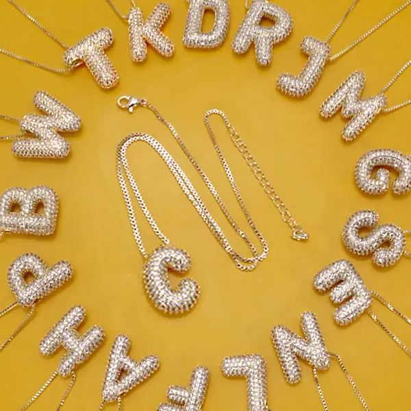 Gold Initial Pave Rhinestone Bubble Letter Balloon Necklace