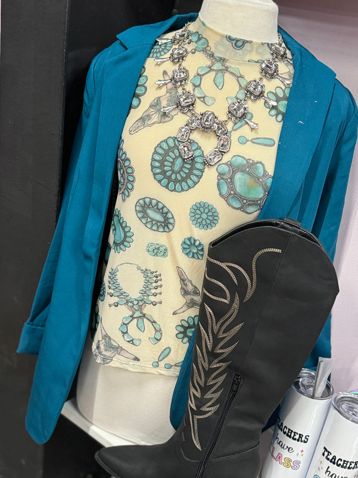 Turquoise Jewels Mesh Top