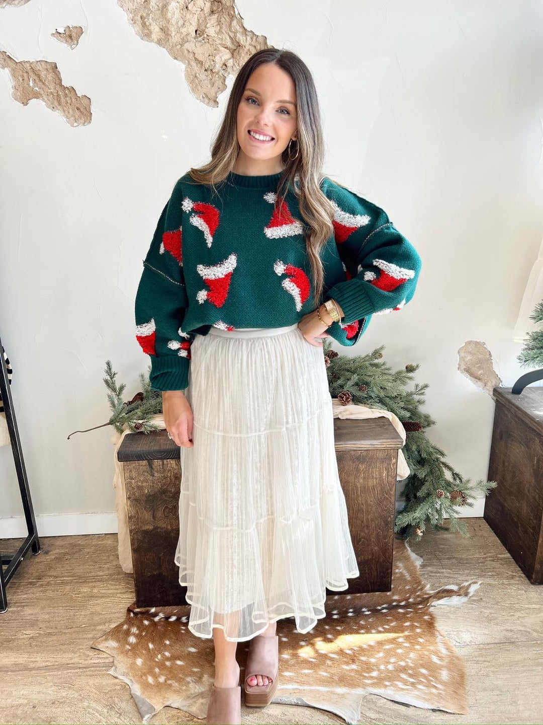 Ivory Layered Mesh Pleated Midi Skirt