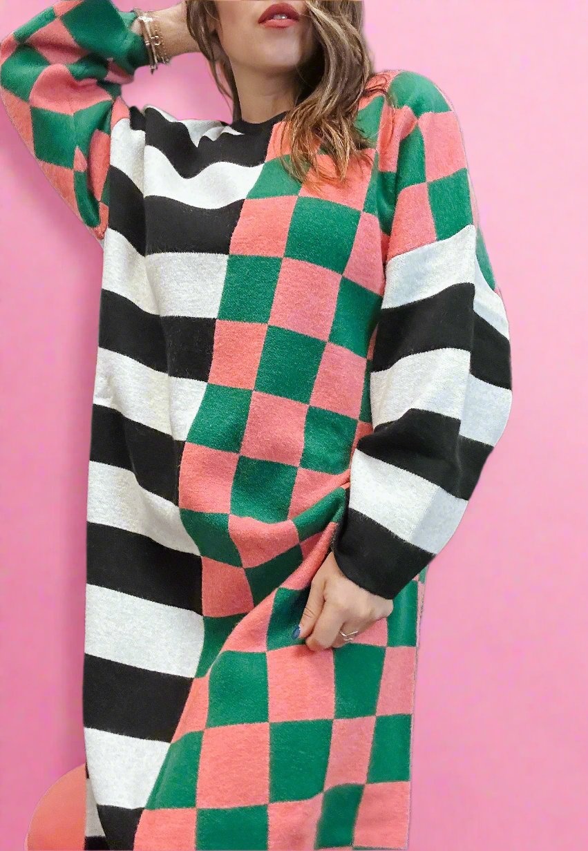 The Checkered and Stripe Oversized Sweater Dress