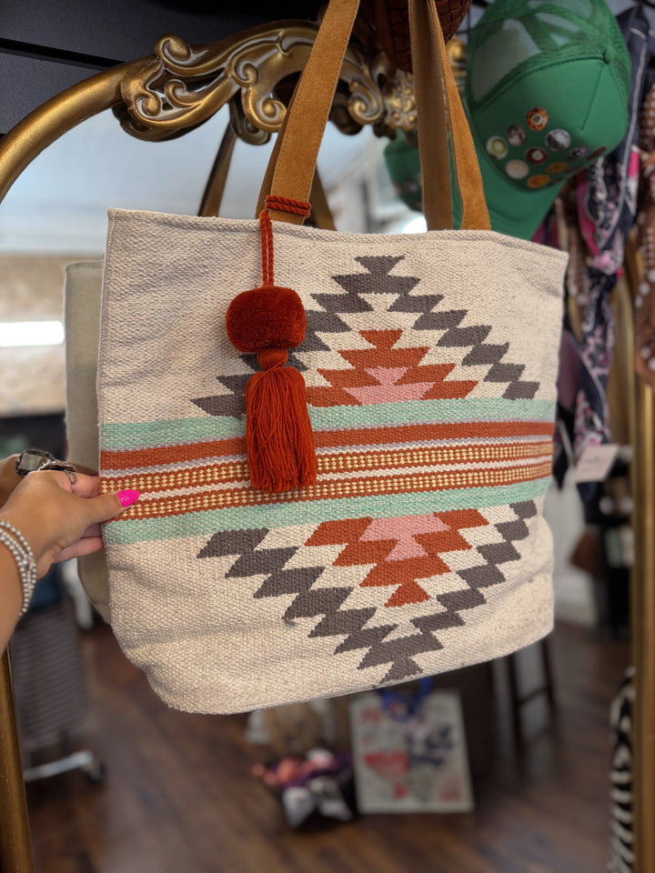 Beige, Brown & Red Aztec Tote