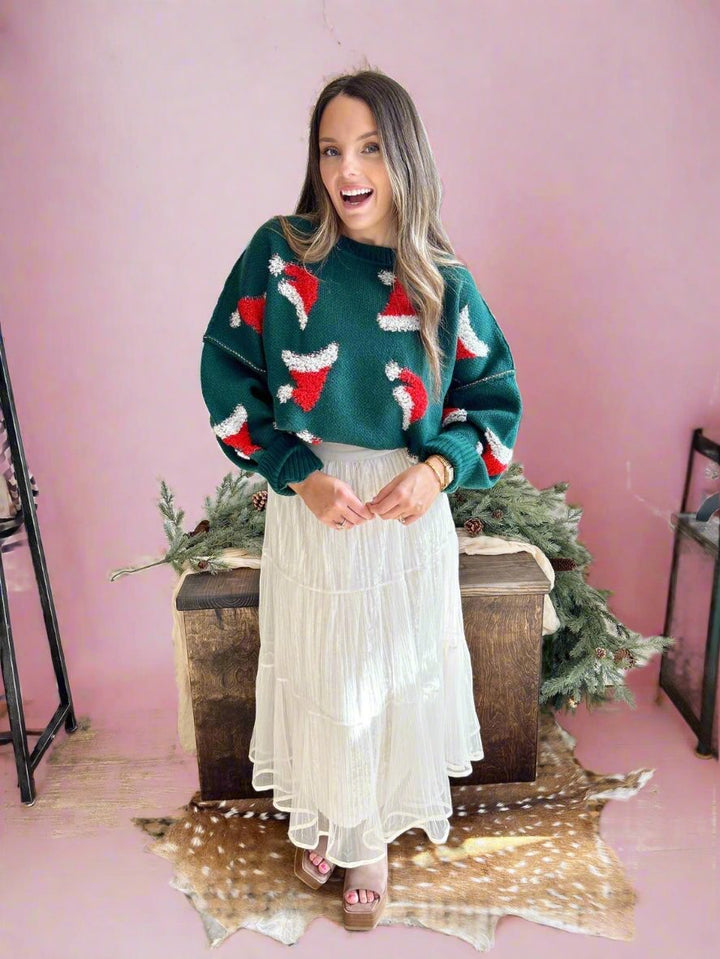 Ivory Layered Mesh Pleated Midi Skirt