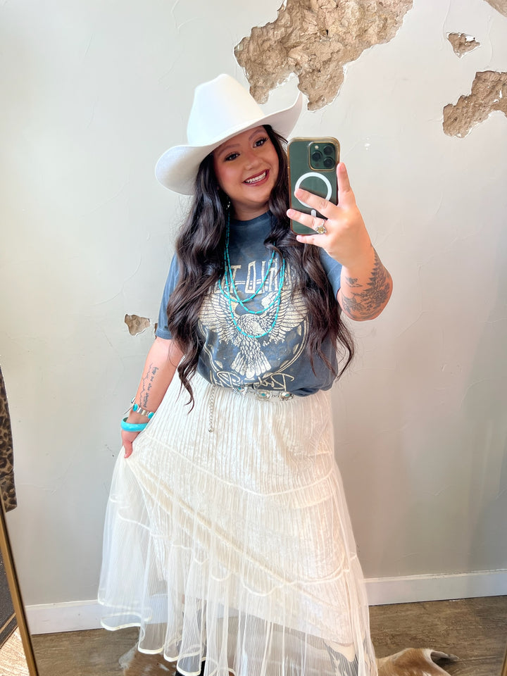 Ivory Layered Mesh Pleated Midi Skirt