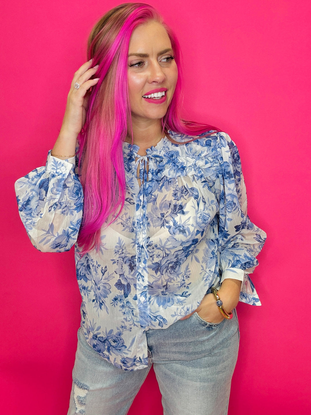 Floral Print Long Sleeve Ruffle Top