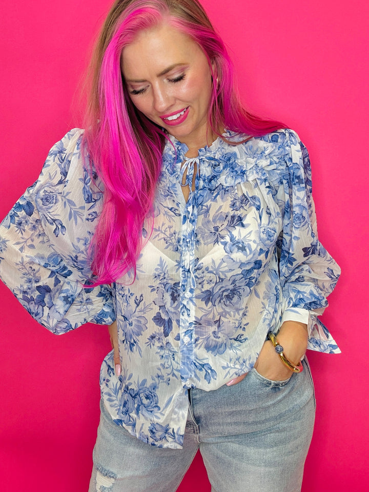 Floral Print Long Sleeve Ruffle Top