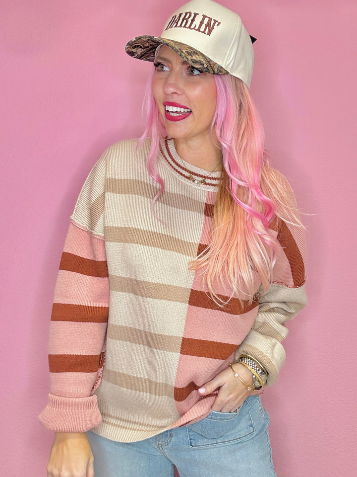 Color Block Oversized Striped Knit Sweater Top